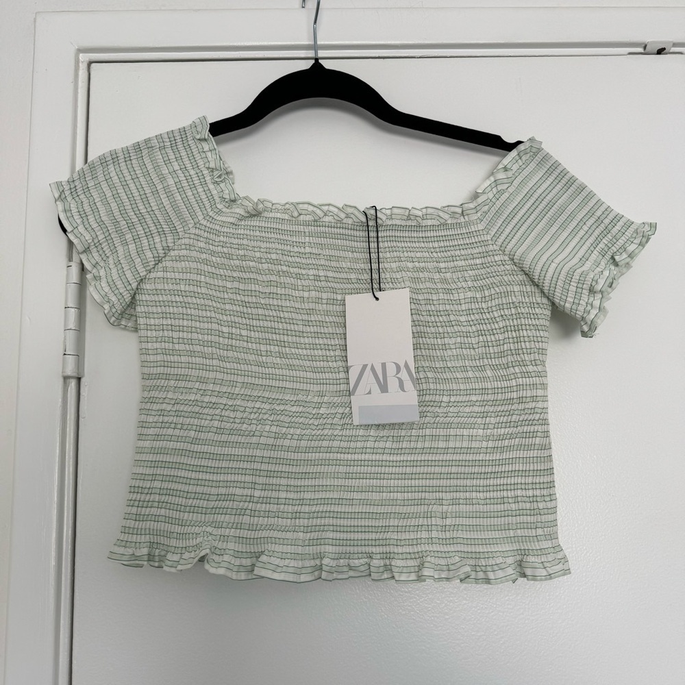 NWT Zara green and white fitted smocked crop top size large